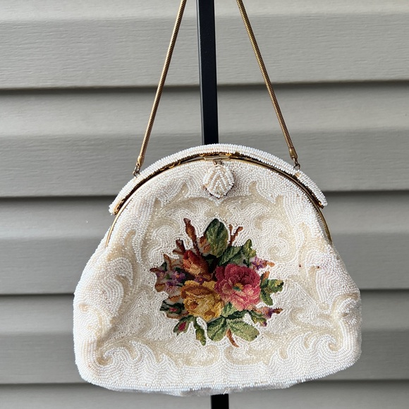 Handbags - Vintage 60’s white beaded bag with embroidered Flowers hand made from France